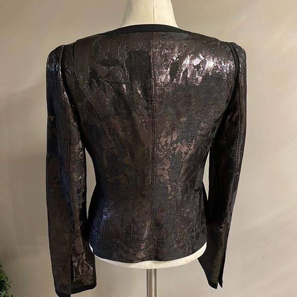 ELIE TAHARI Tessa jacket wool metallic black shinny snap front down scoop neck 4 - Picture 14 of 17